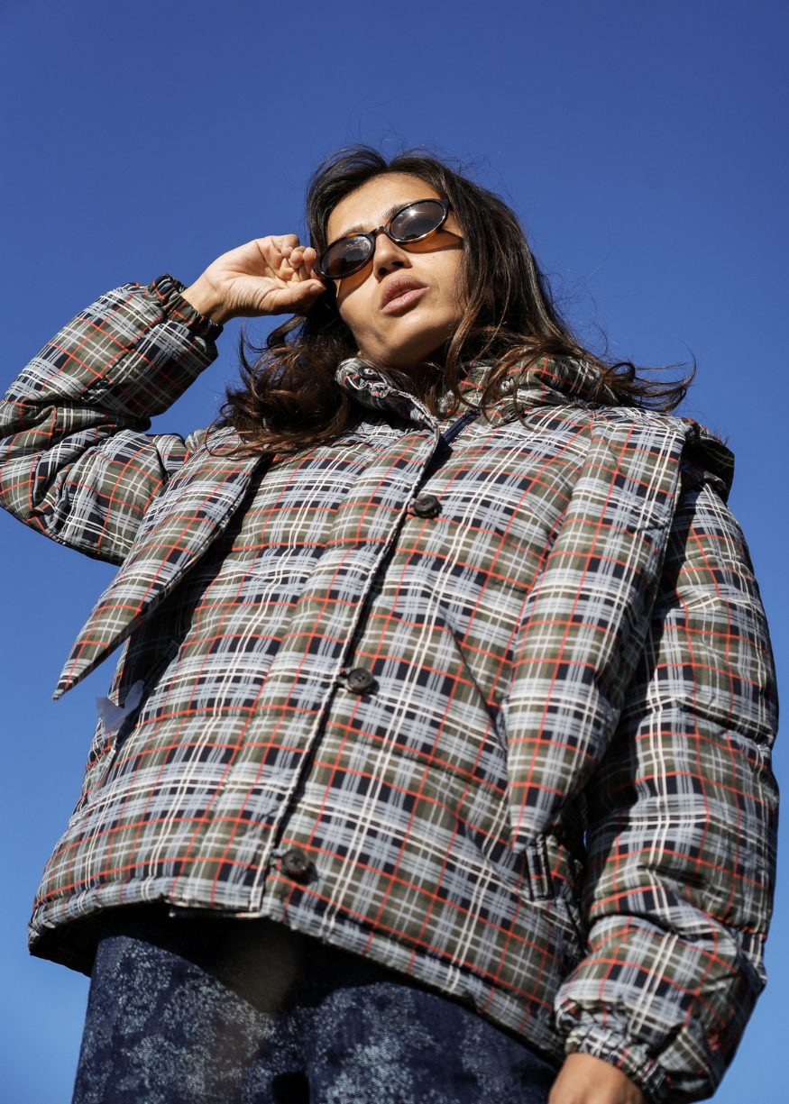 Damson Madder Pearl Hooded Puffer - Multi Check