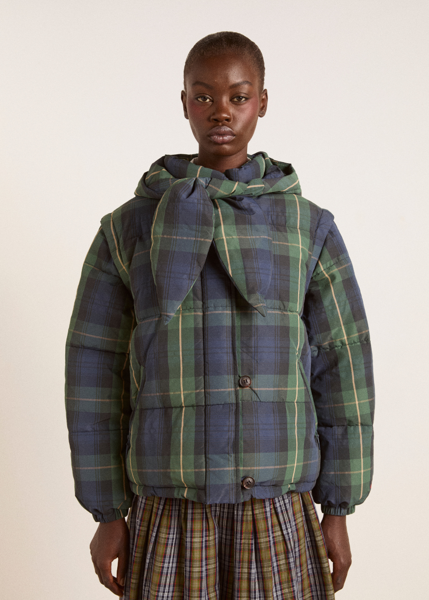 Damson Madder Pearl Hooded Puffer - Navy Check