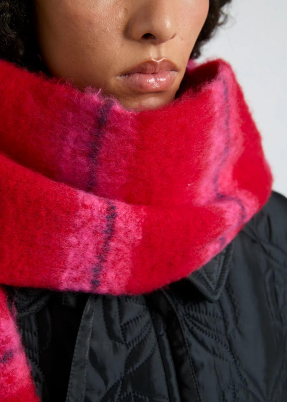 Damson Madder Pink & Red Fluffy Stripe Scarf