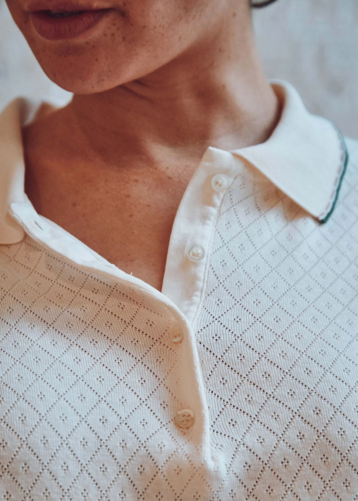 Emile et Ida Cream Pointelle Modal Polo Top