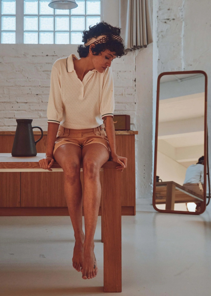 Emile et Ida Cream Pointelle Modal Polo Top