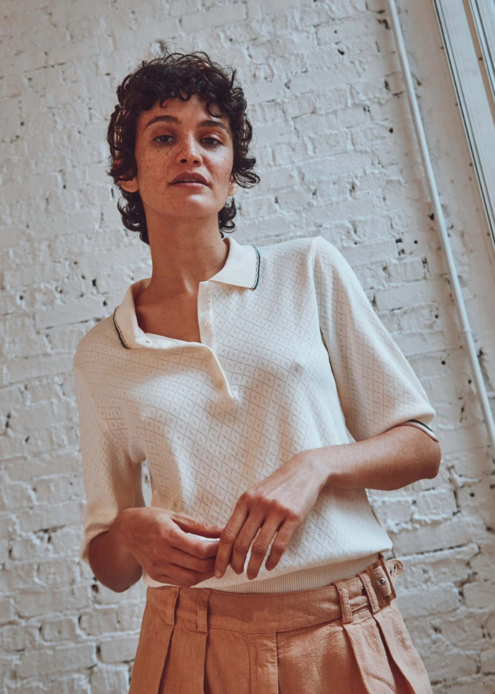 Emile et Ida Cream Pointelle Modal Polo Top