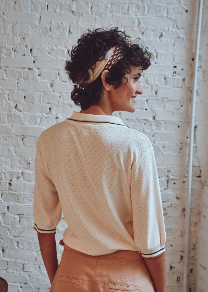 Emile et Ida Cream Pointelle Modal Polo Top