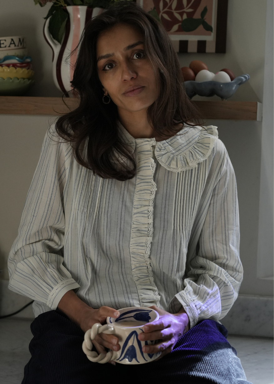 Emile et Ida Ecru Striped Ruffled Blouse