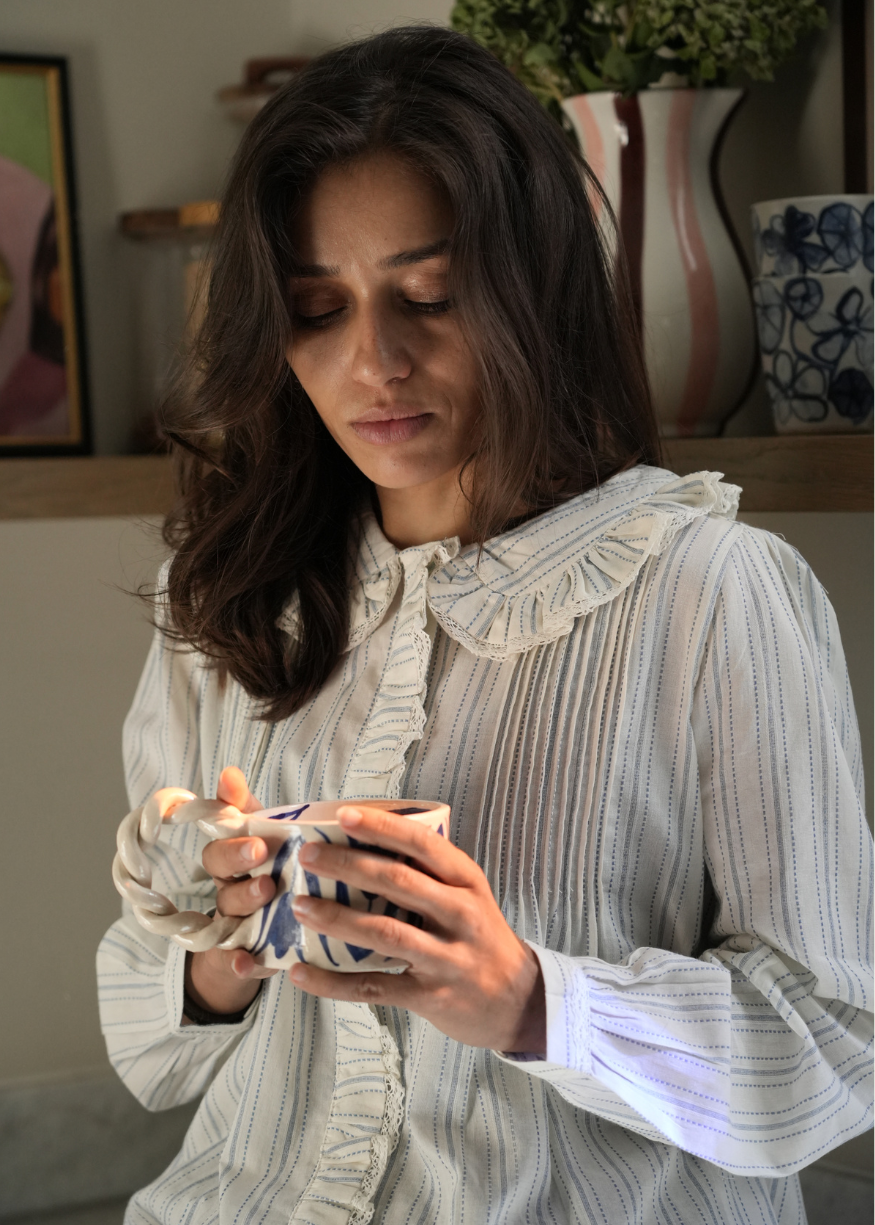 Emile et Ida Ecru Striped Ruffled Blouse