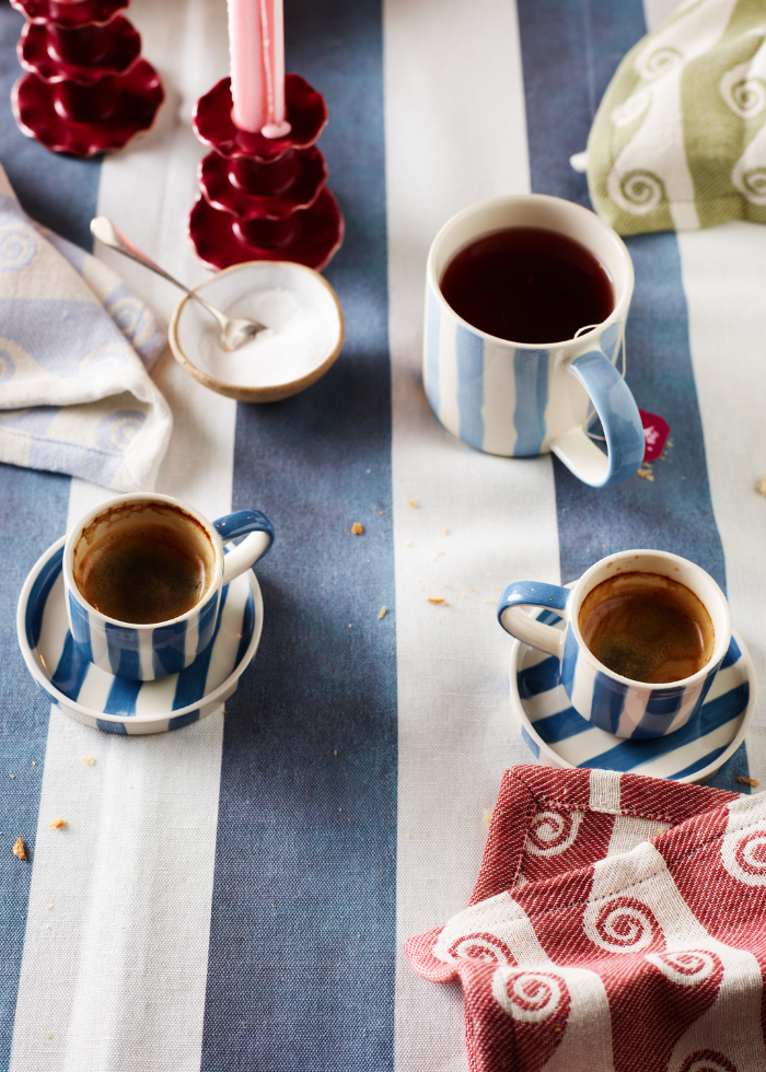 Espresso Set for Two — Hand-Painted Stripes denim blue