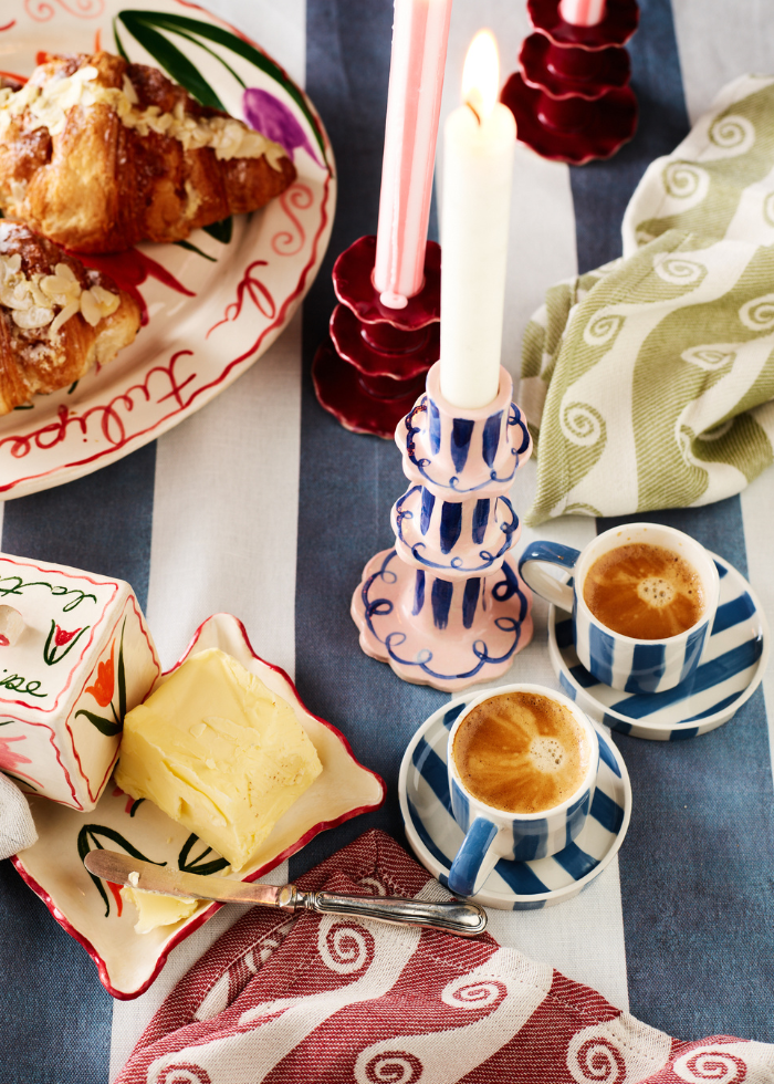 Espresso Set for Two — Hand-Painted Stripes denim blue