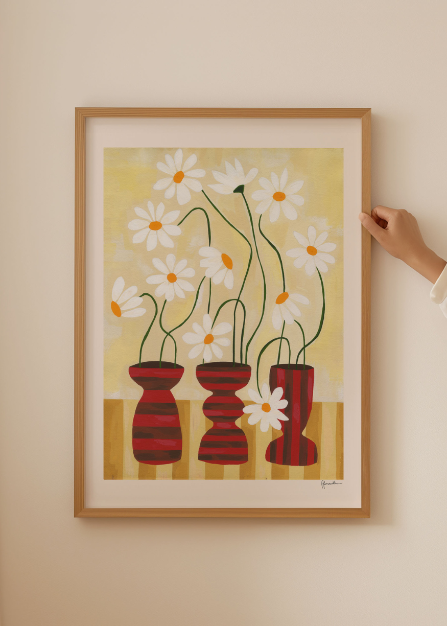 Frankie Penwill - Daisies in Mini Striped Vases Fine Art Print