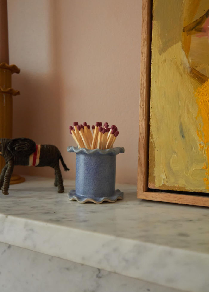 Frilly Ceramic Matchstick Holder Pot in Blue