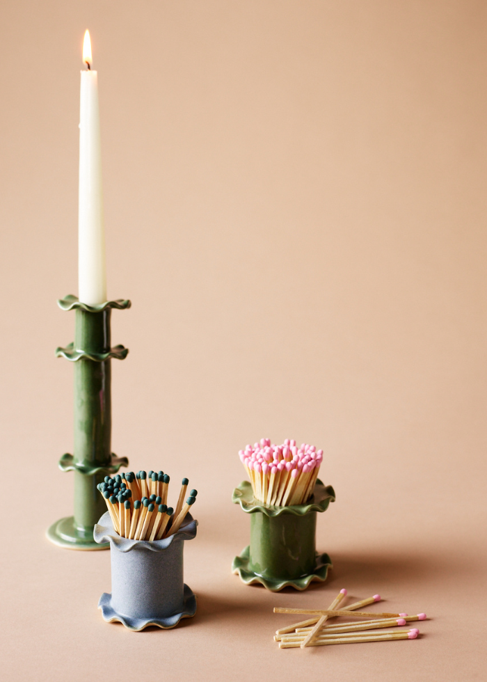 Frilly Ceramic Matchstick Pot in Green