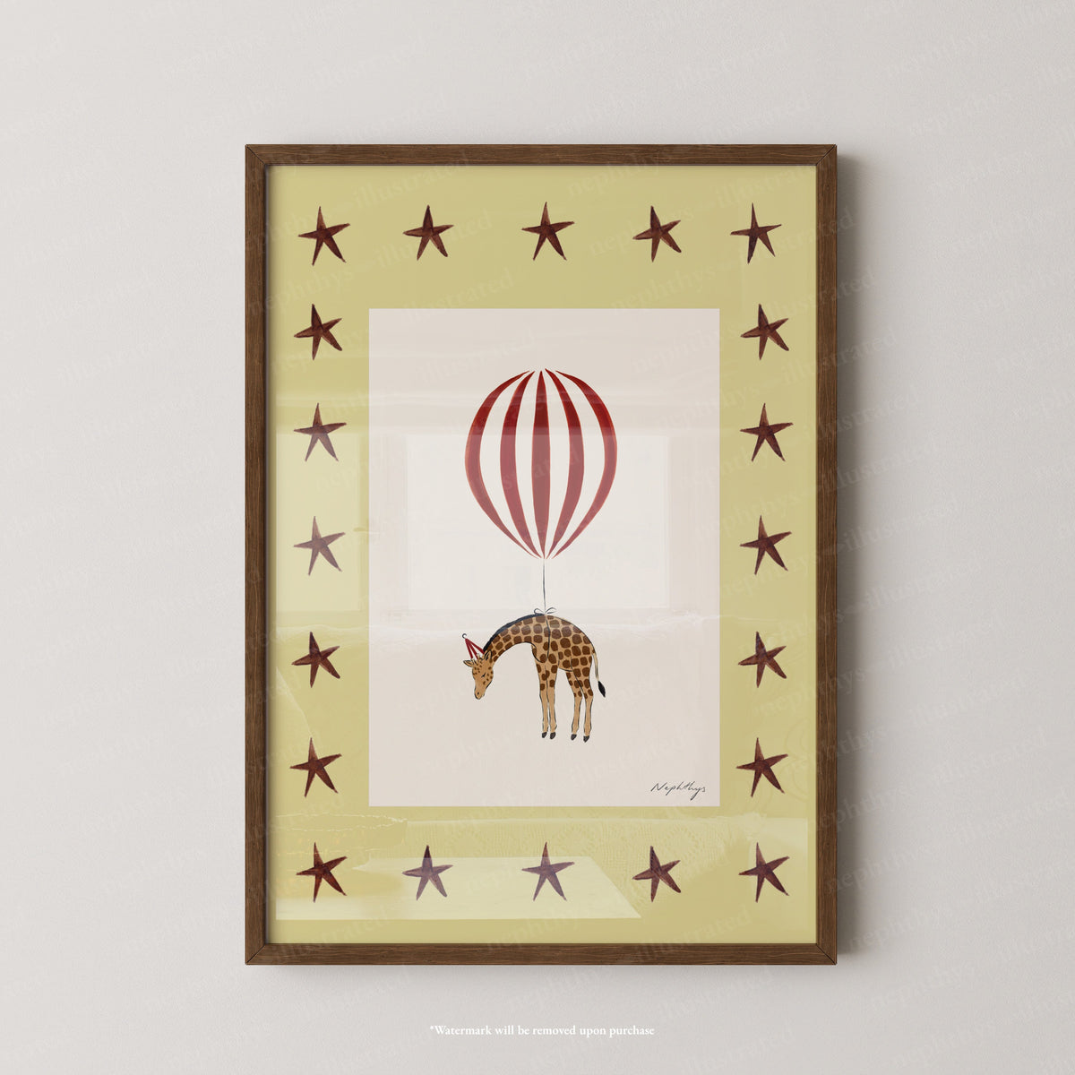 Giraffe Balloon Print - Yellow Star by Nephthys Illustrated, A4 print shown in a dark wood frame