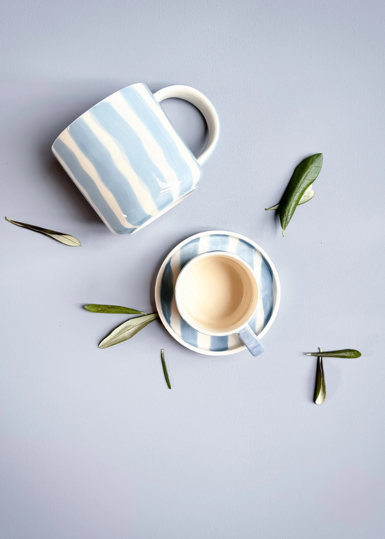 Hand-Painted Striped Mug in Light Blue