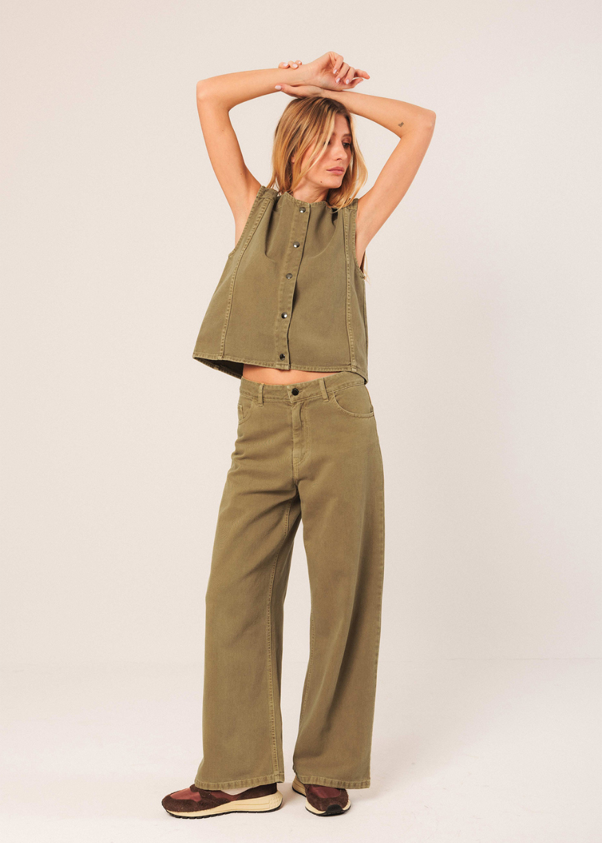 Indi & Cold Boxy Cotton Twill Button Up Vest