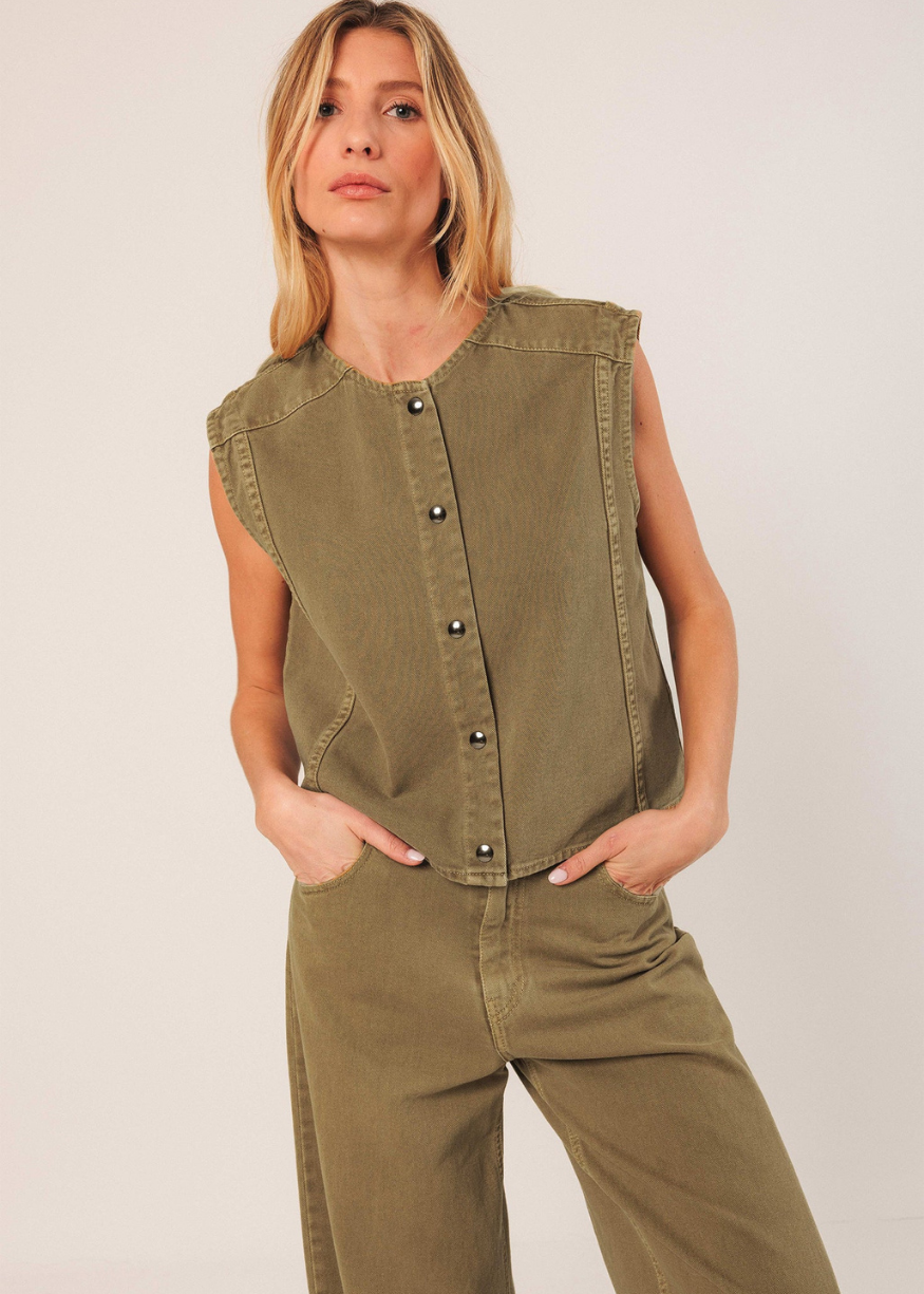 Indi & Cold Boxy Cotton Twill Button Up Vest