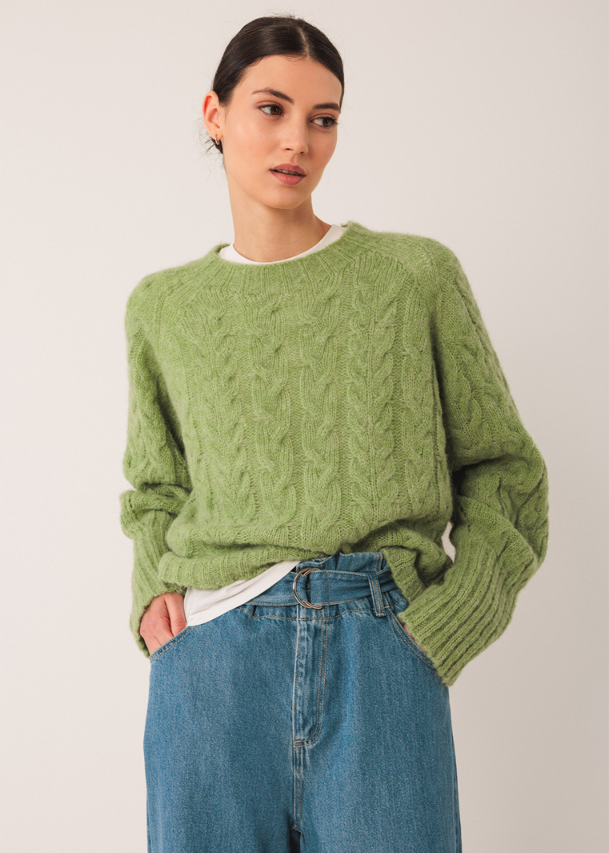 Indi & Cold Cable Knit Jumper in Matcha Green