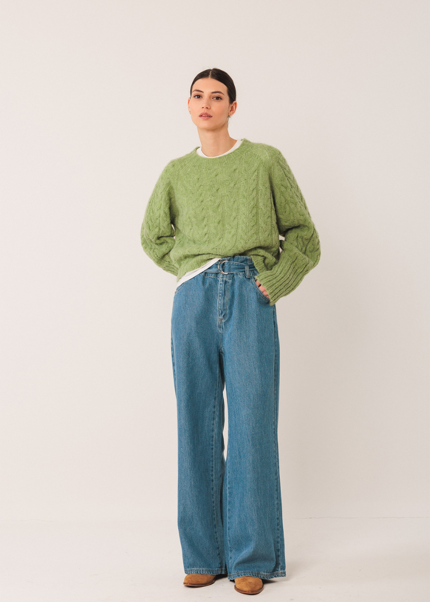 Indi & Cold Cable Knit Jumper in Matcha Green