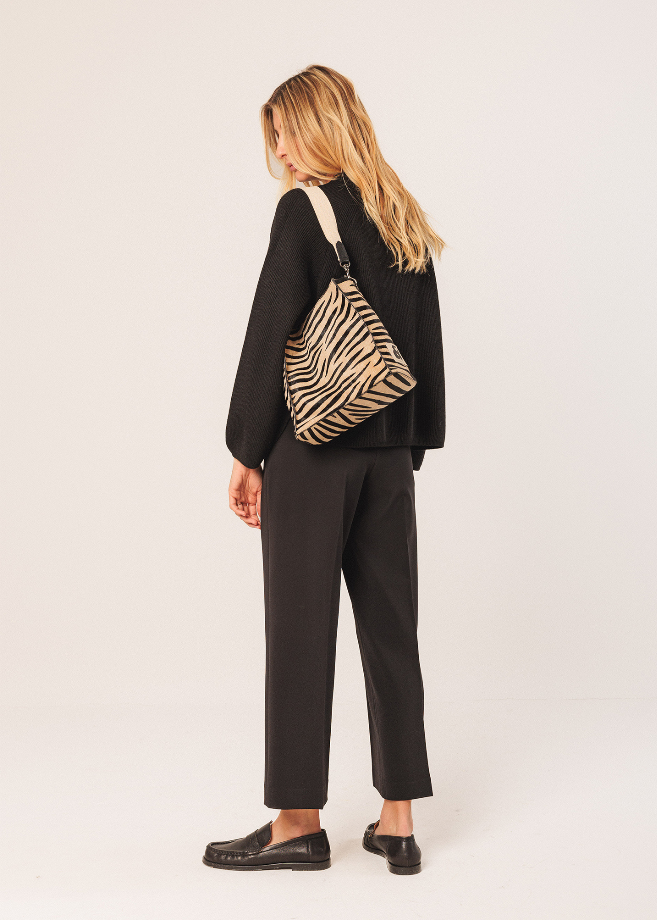 Indi & Cold Leather Bucket Tote Bag, Zebra Print