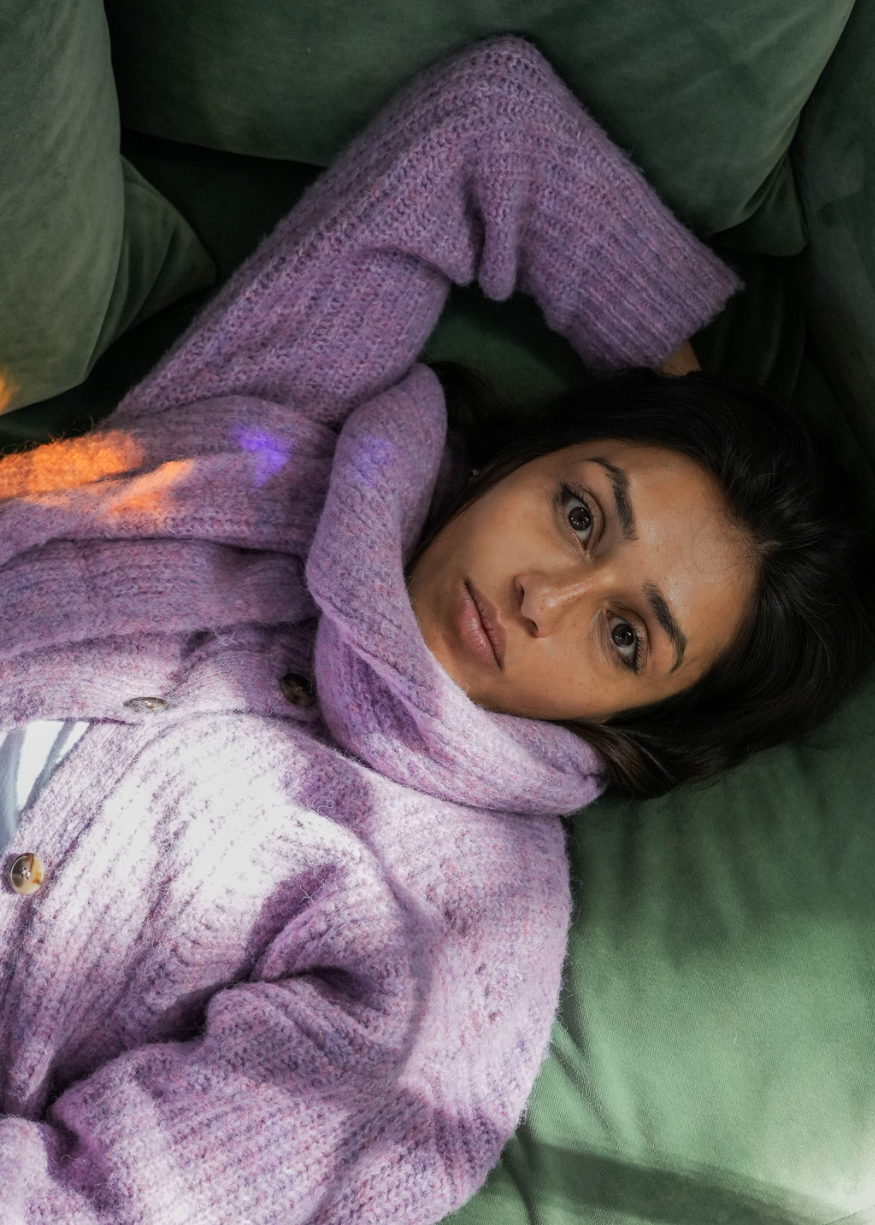 Indi & Cold Loose Knit Cardigan in Mauve