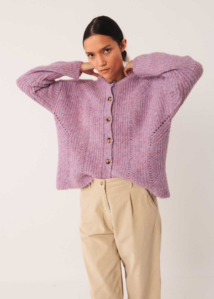 Indi & Cold Loose Knit Cardigan in Mauve