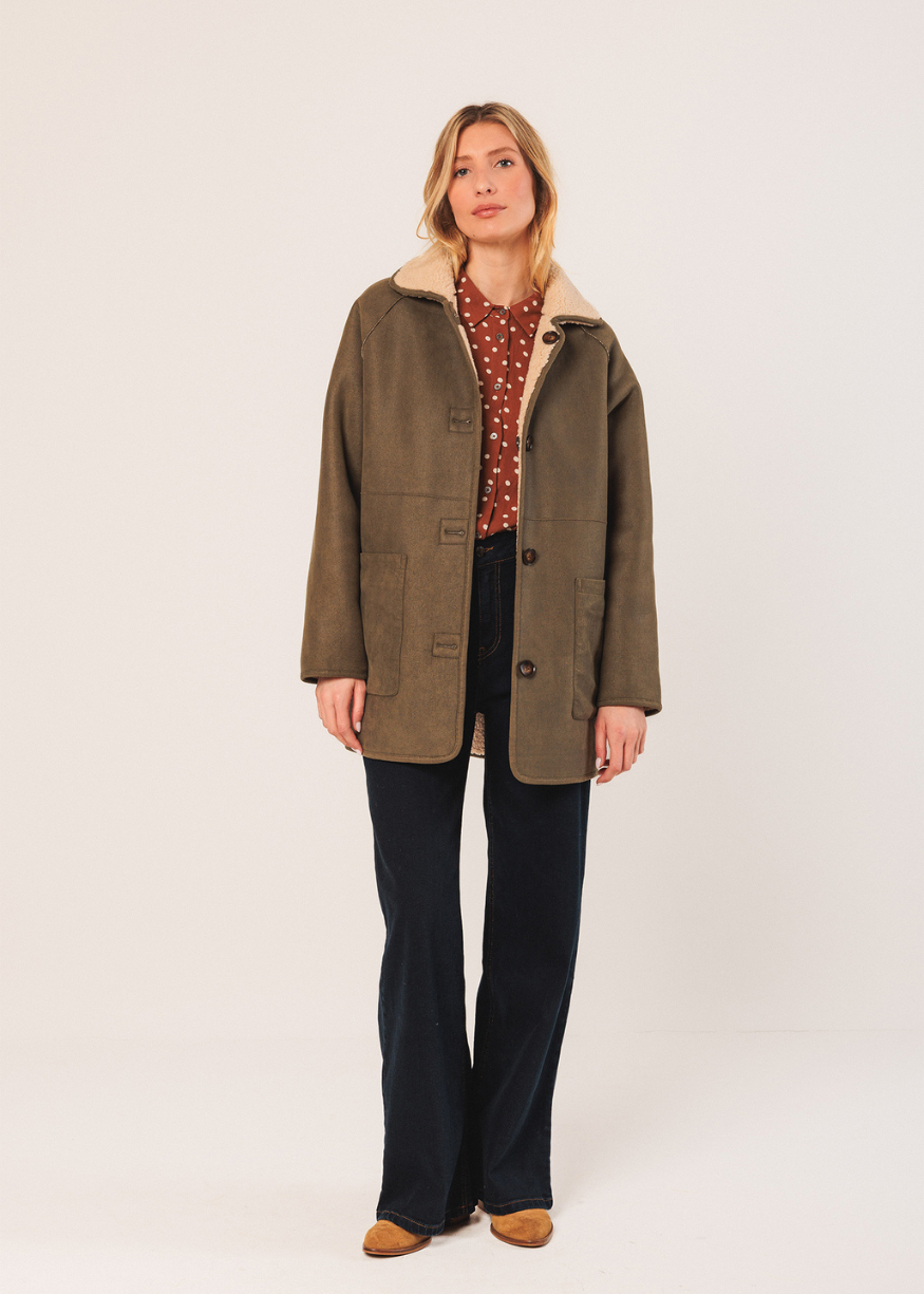 Indi & Cold Reversible Shearling Coat in Khaki