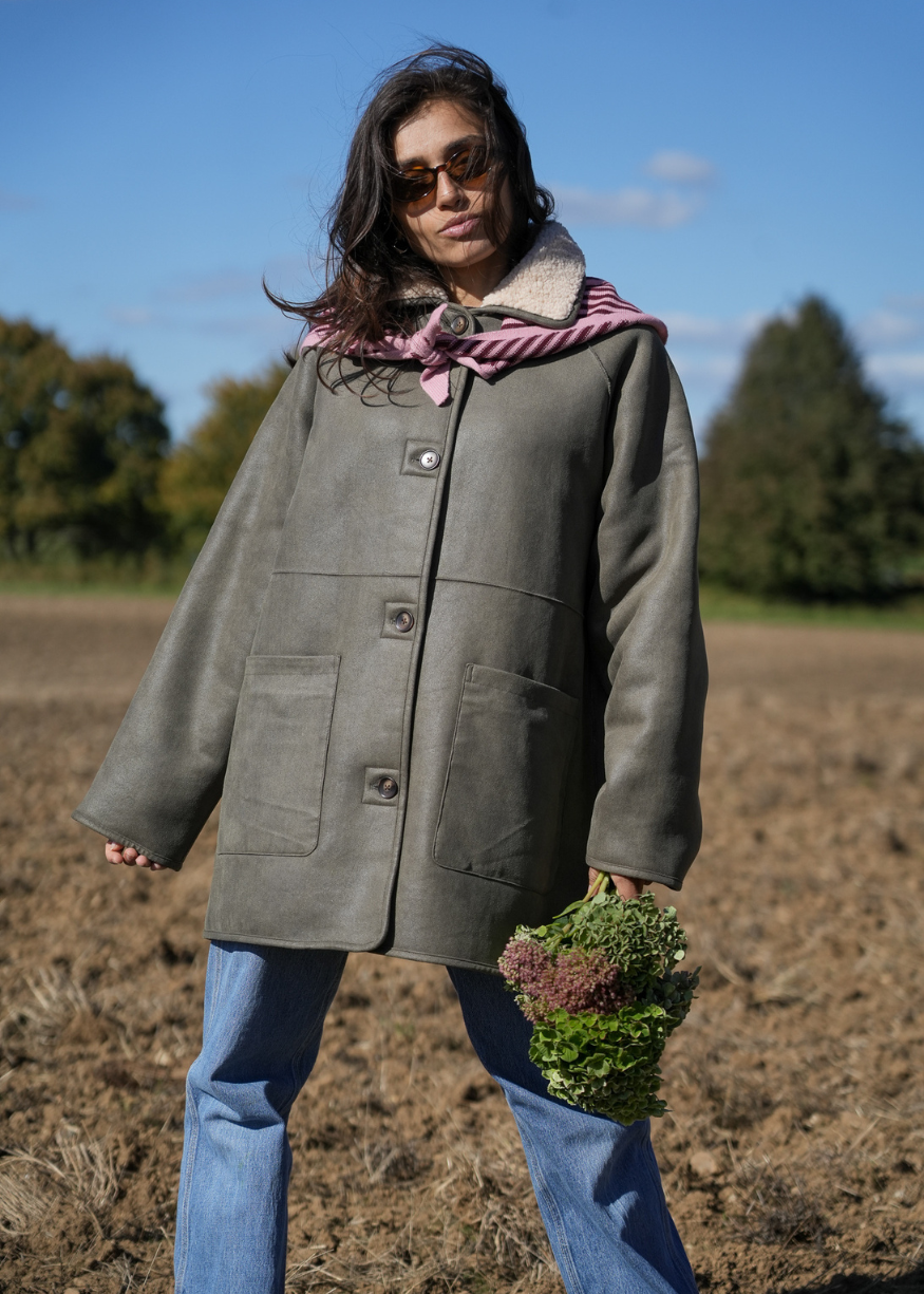 Indi & Cold Reversible Shearling Coat in Khaki