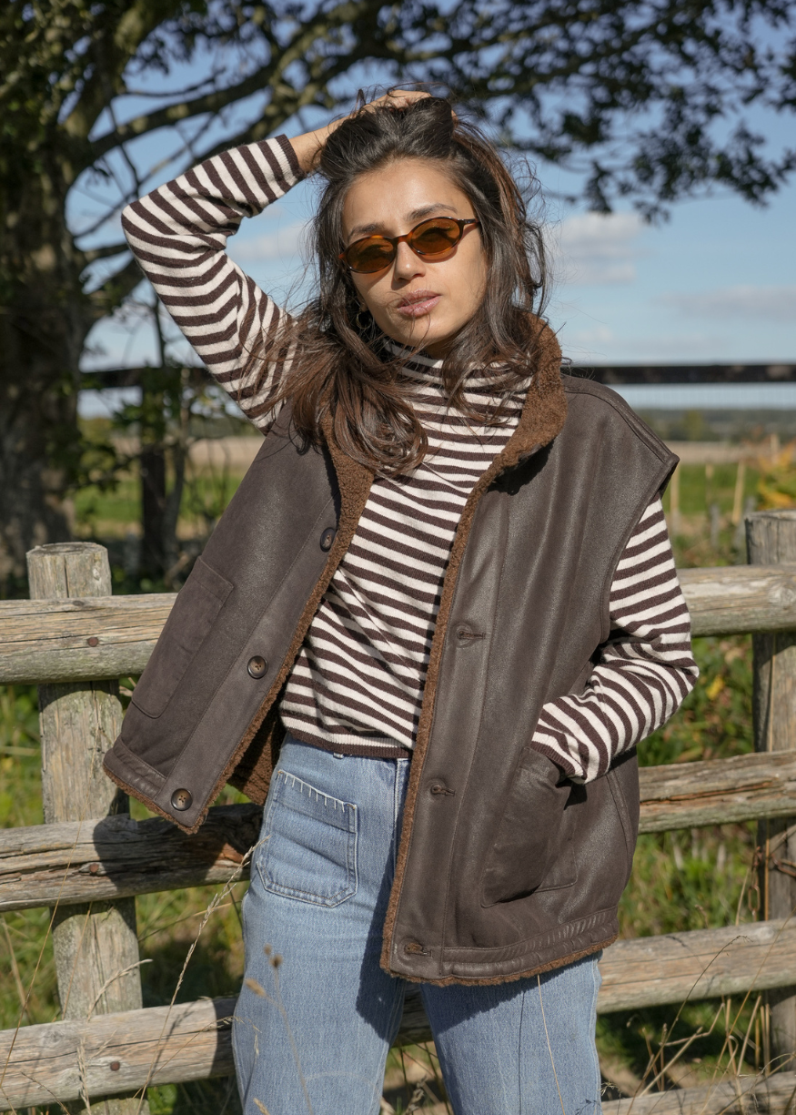 Maison Anana Pius Striped Roll Neck Jumper in Chocolate Stripe