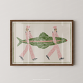Fish Supper Print by Nephthys Illustrated, A2 print shown in a dark wood frame