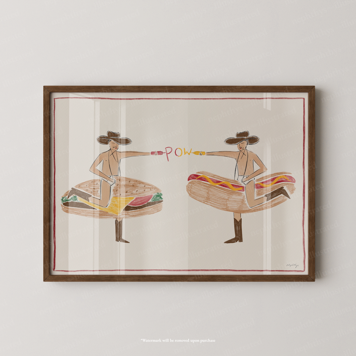 Fast Food Cowboys Print by Nephthys Illustrated, A2 print shown in a dark wood frame