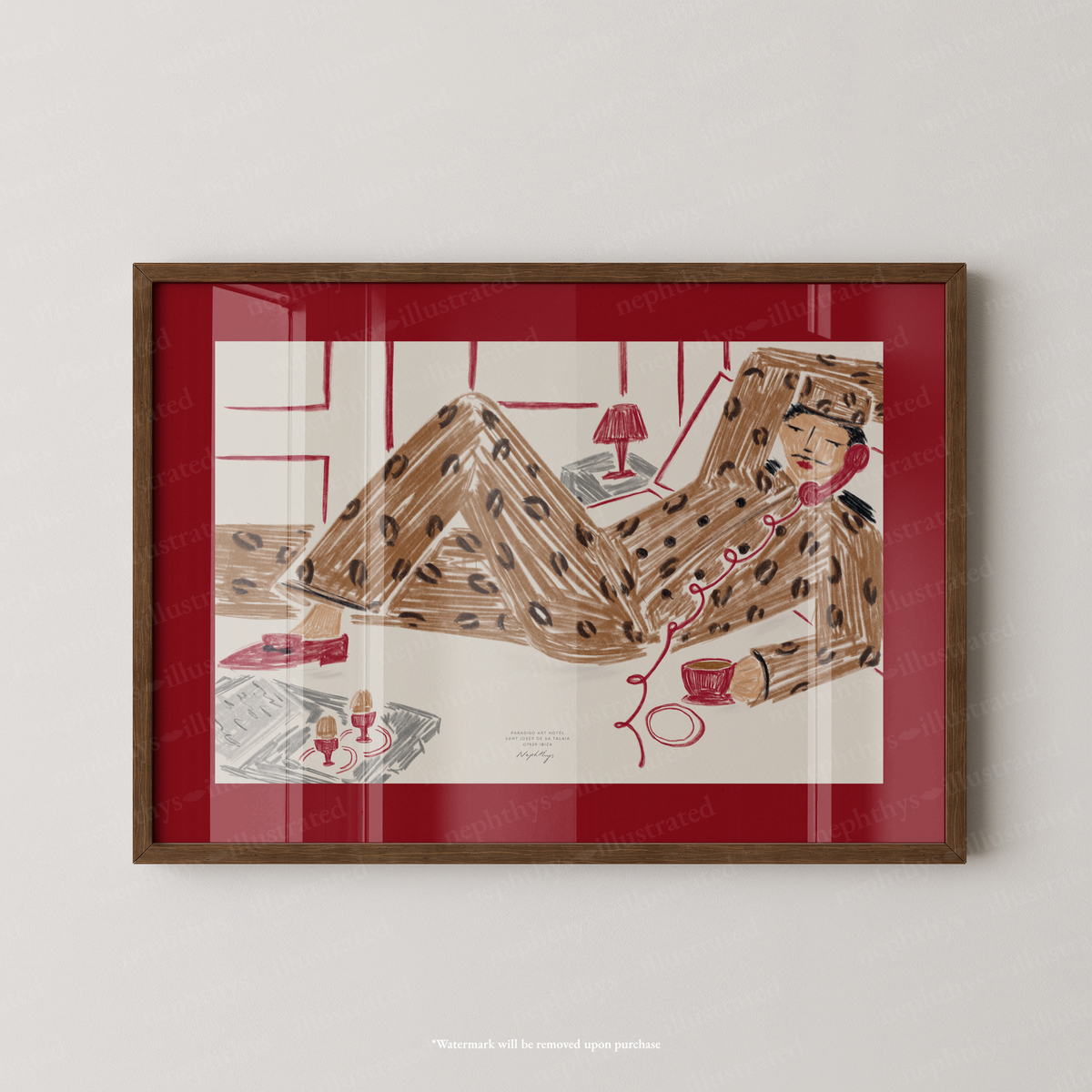 Late Checkout Leopard Bellboy - Red by Nephthys Illustrated, A2 print shown in a dark wood frame