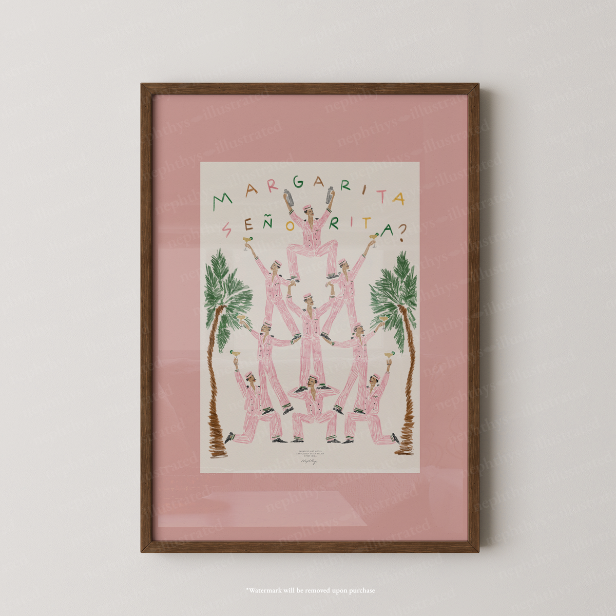 Margarita Señorita Print - Pink by Nephthys Illustrated, A3 print shown in a dark wood frame