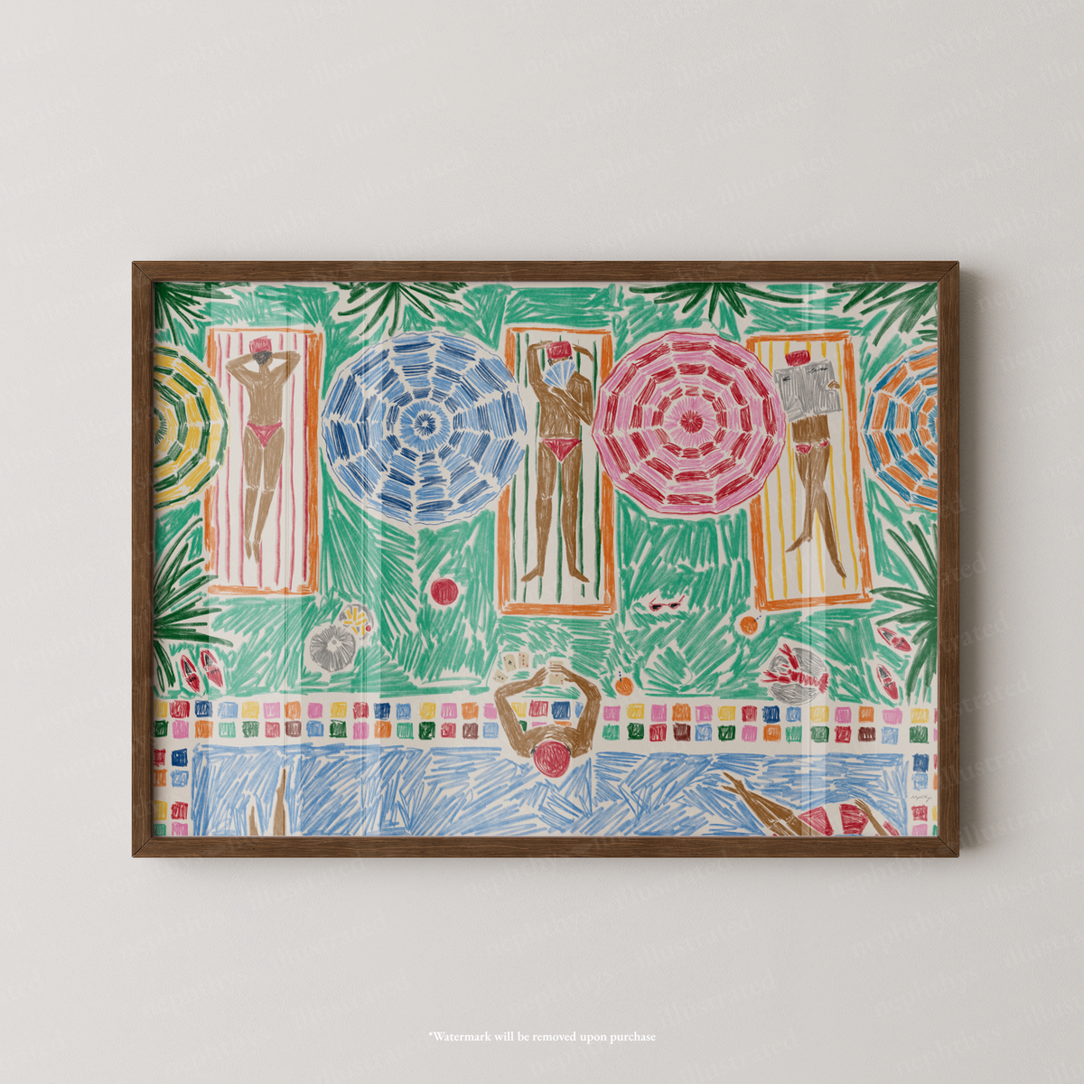 Poolside Parasols Print - Full Image by Nephthys Illustrated, A3 print shown in a dark wood frame