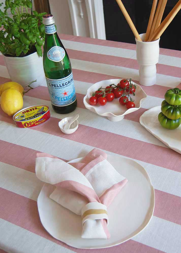 Pink Striped Ruffle Cotton-Linen Tablecloth