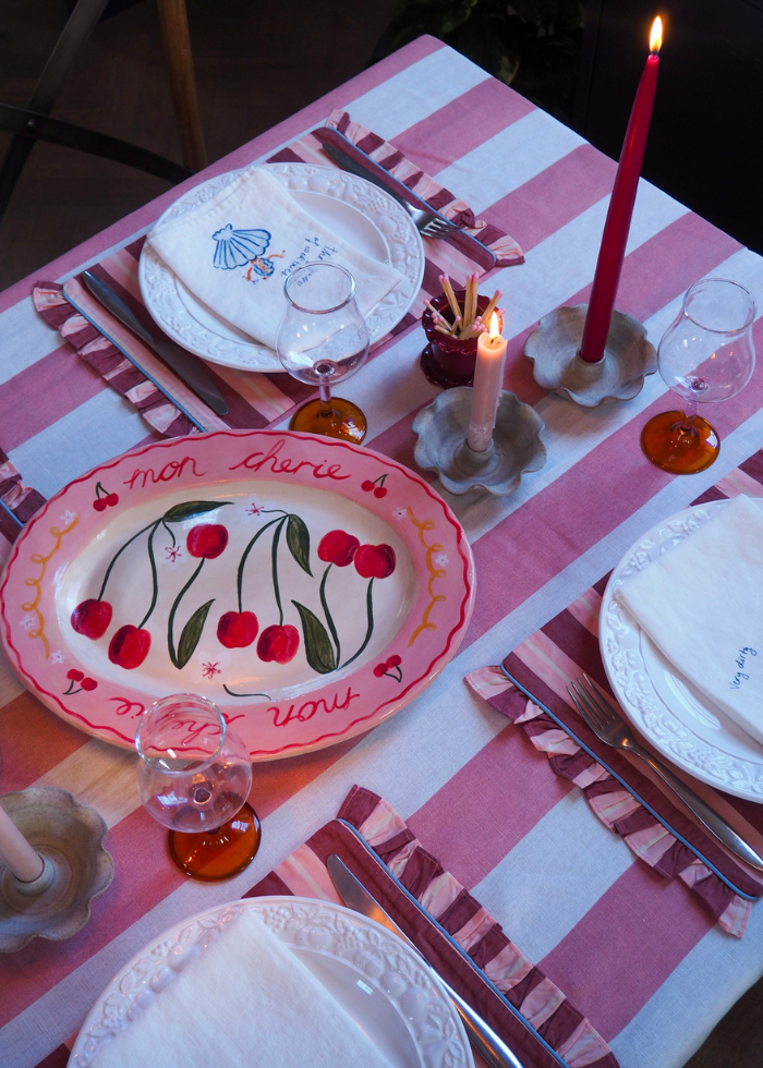 Pink Striped Ruffle Cotton-Linen Tablecloth