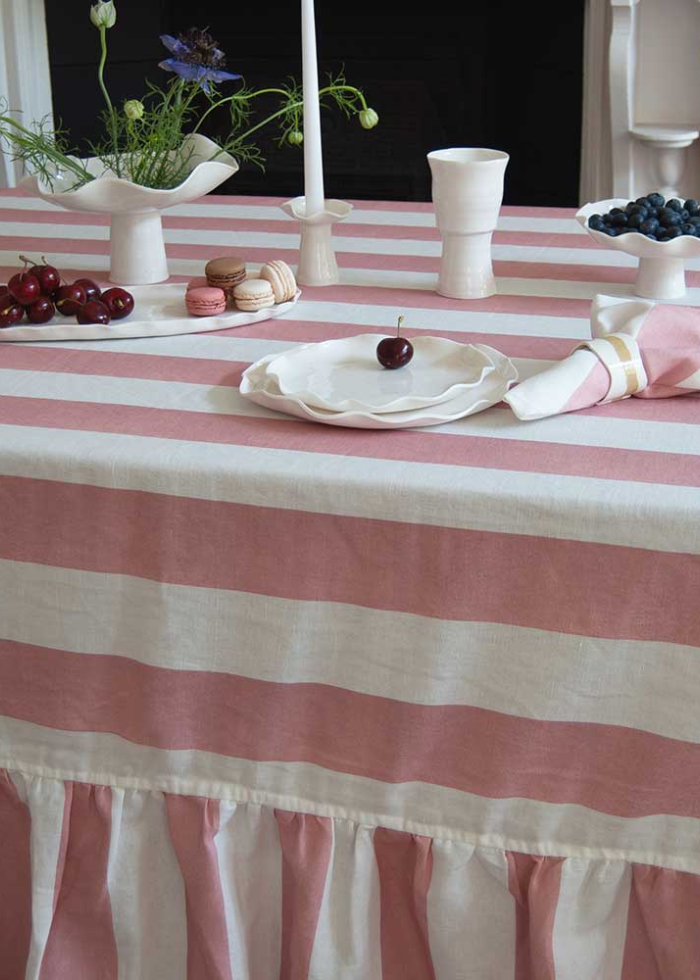 Pink Striped Ruffle Cotton-Linen Tablecloth