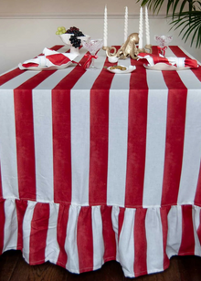  Red Striped Ruffle Cotton-Linen Tablecloth