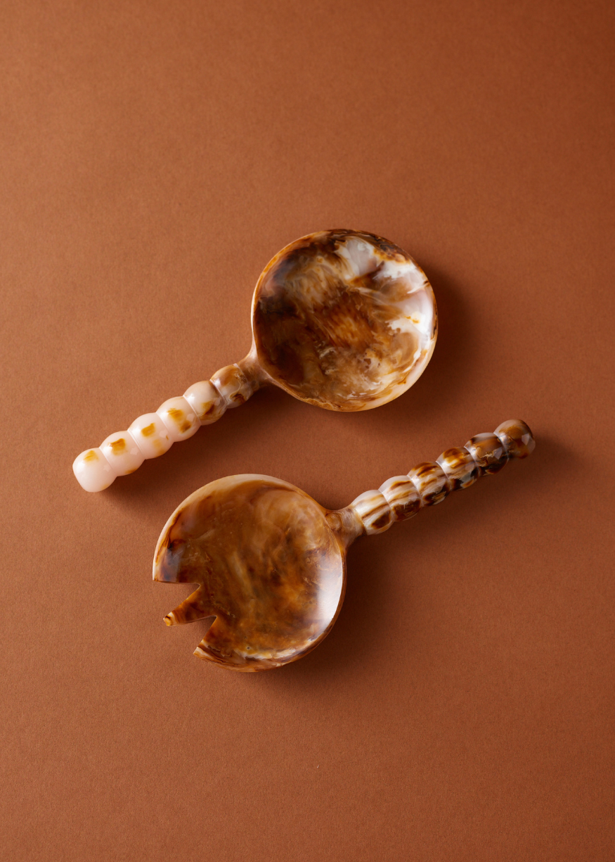 Resin Salad Server Pair in Tortoiseshell - Bobbin Handles