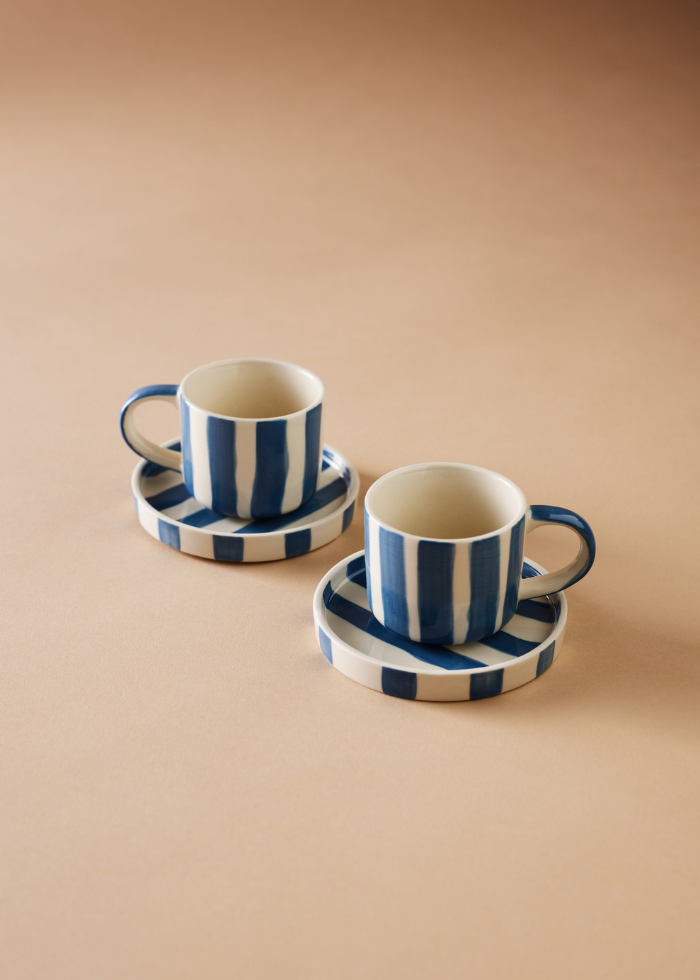 Striped Espresso Set, 4 Pieces - Denim Blue