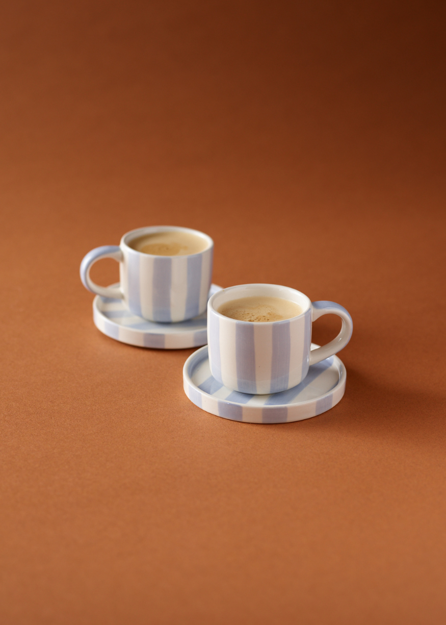 Striped Espresso Set, 4 Pieces - Light Blue