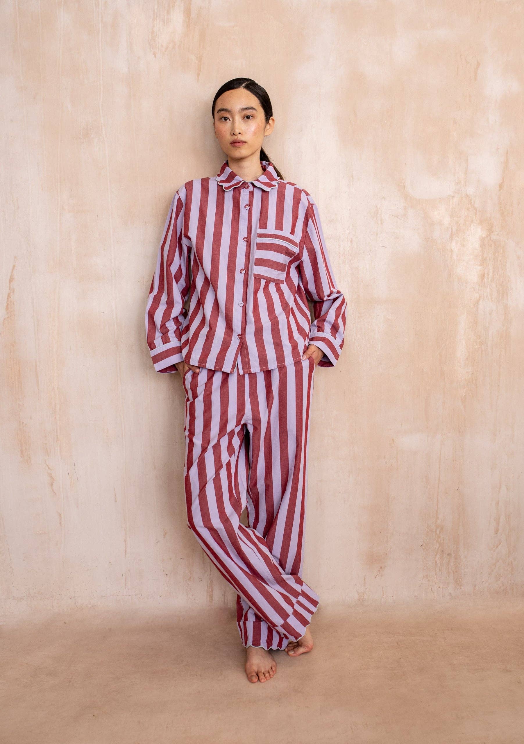 TBCo Cotton Pyjamas in Lilac Stripe | Striped Button-down PJs