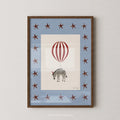 Zebra Balloon Print - Light Blue Star by Nephthys Illustrated, A4 print shown in a dark wood frame