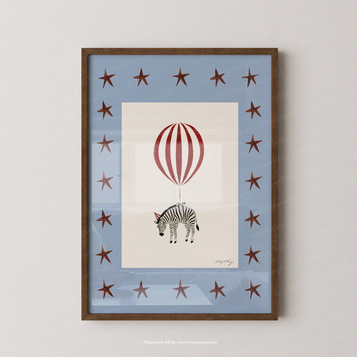 Zebra Balloon Print - Light Blue Star by Nephthys Illustrated, A4 print shown in a dark wood frame