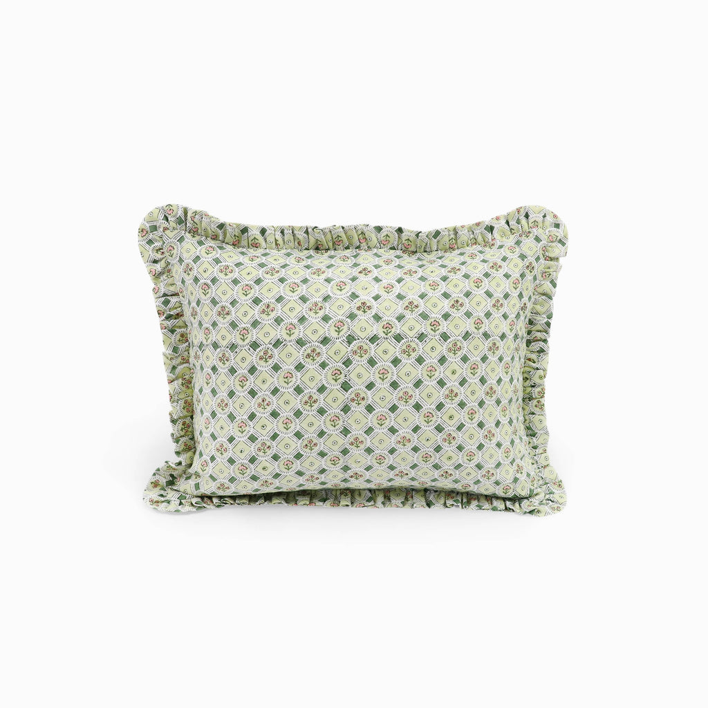 Block Printed Ruffled Cushion Cover - Spring Bloom Green