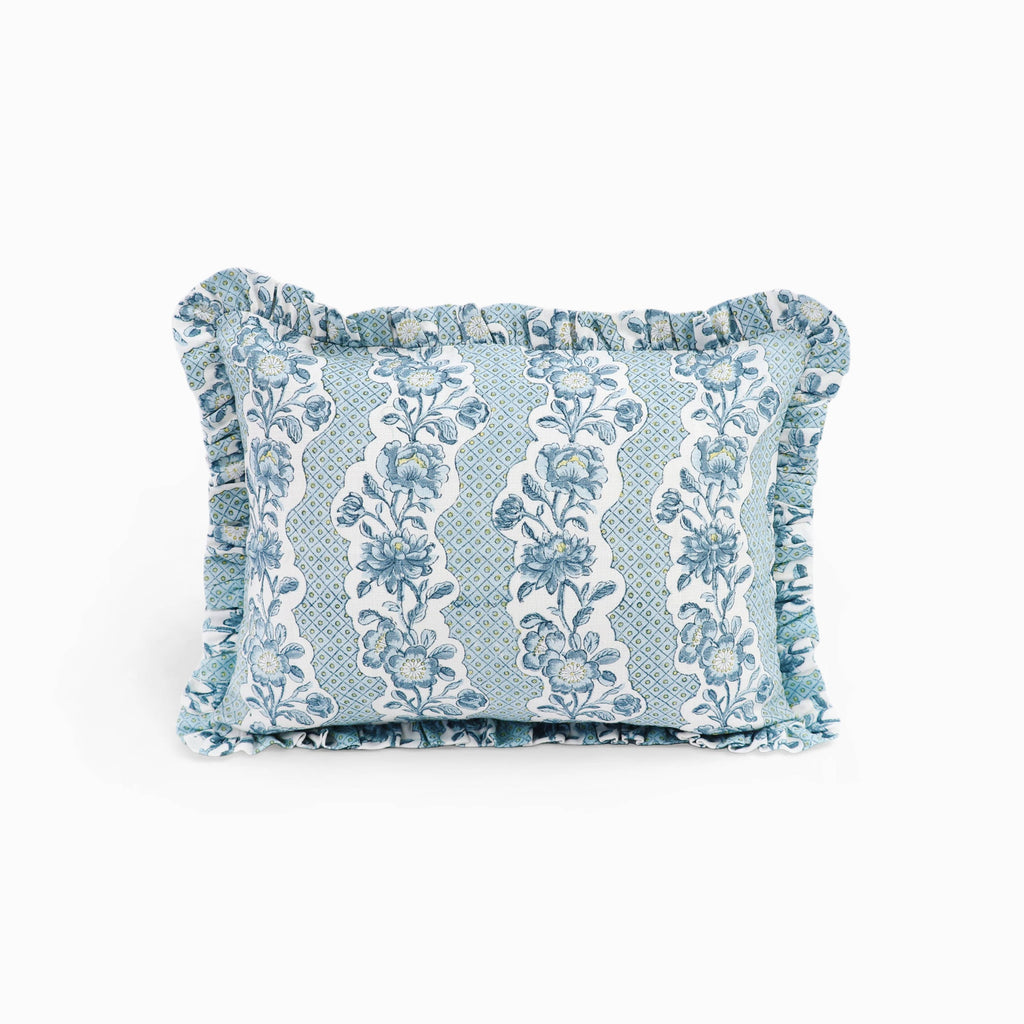 Block Printed Ruffled Cushion Cover - Blooming Trellis Indigo