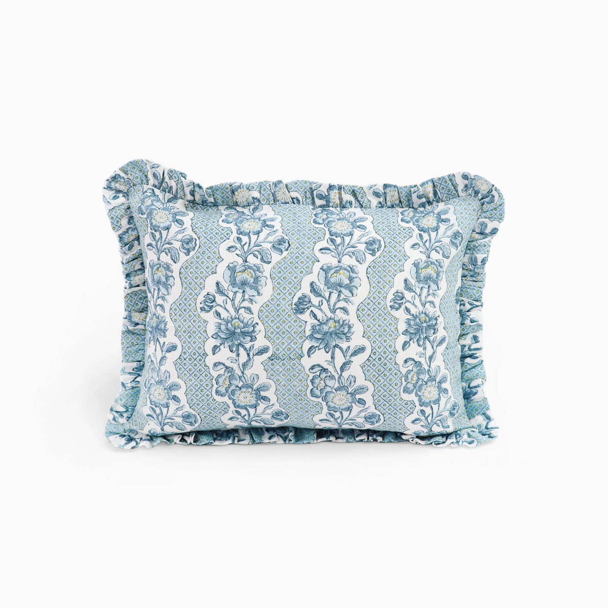 Block Printed Ruffled Cushion Cover - Blooming Trellis Indigo