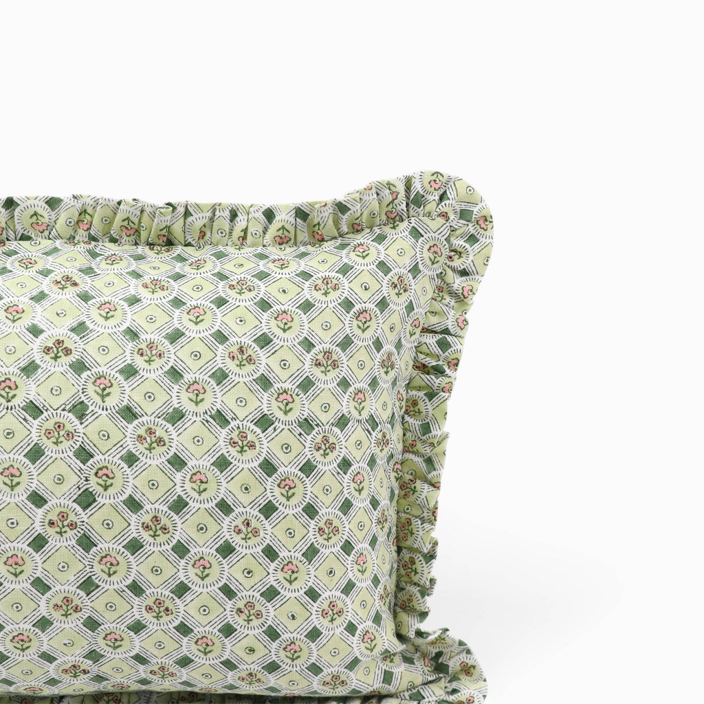 Block Printed Ruffled Cushion Cover - Spring Bloom Green