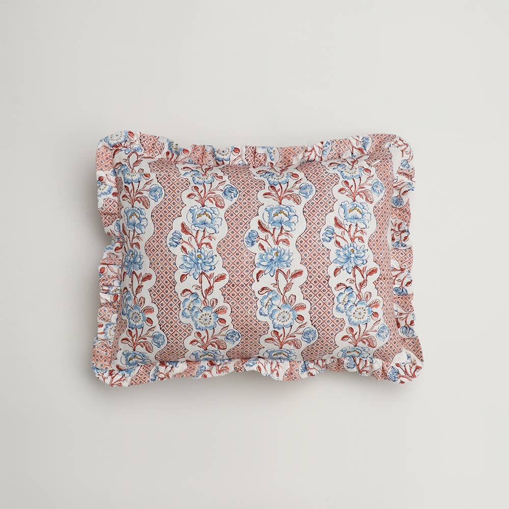 Block Printed Ruffled Cushion Cover - Blooming Trellis Pink
