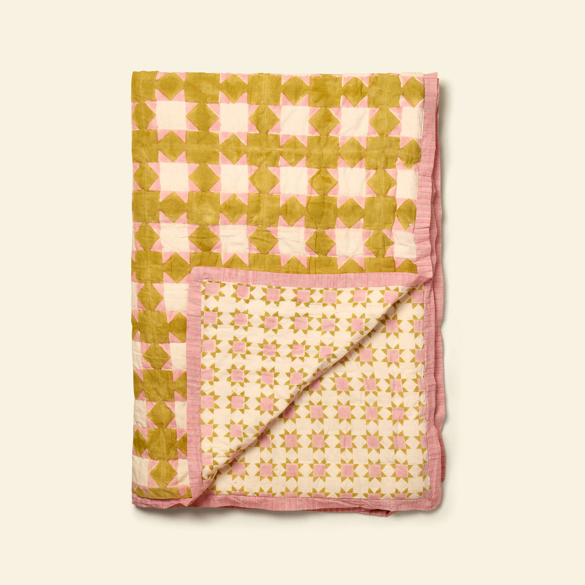 YONDER. hand block-printed organic cotton single quilt, Clover Honey