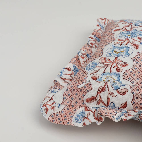 Block Printed Ruffled Cushion Cover - Blooming Trellis Pink