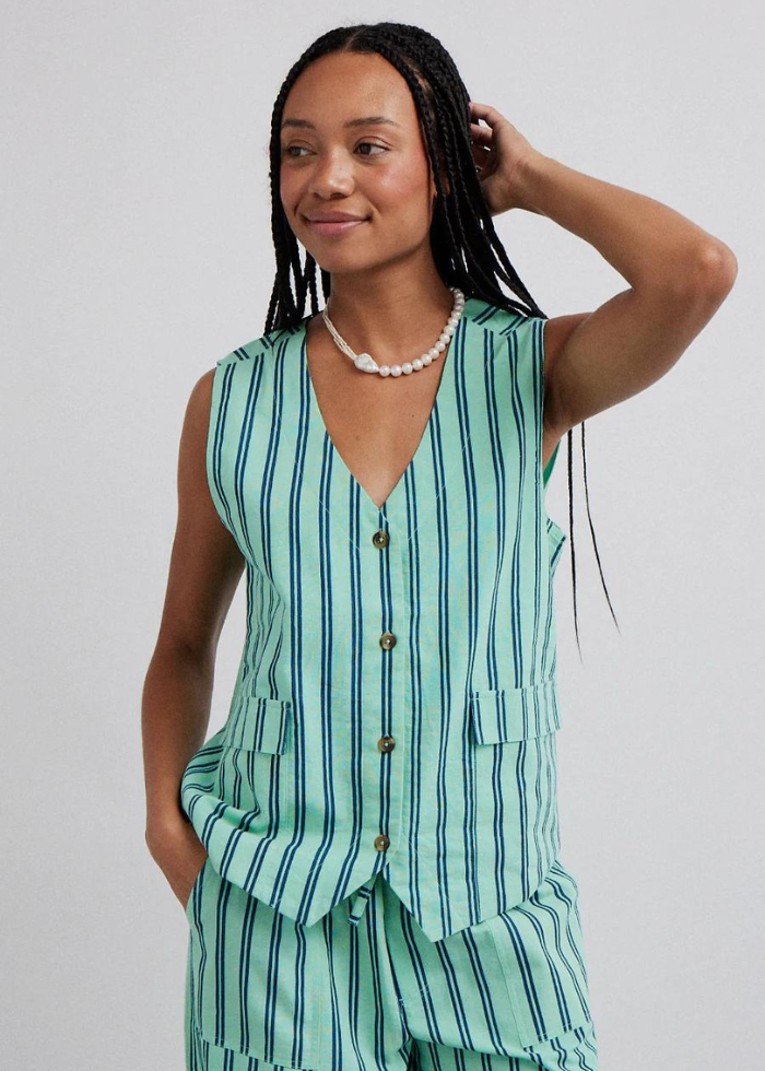 Damson Madder Coco Oversized Waistcoat - Mint Stripe