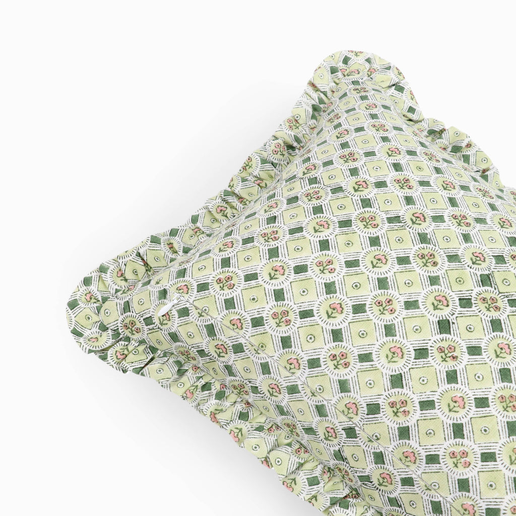 Block Printed Ruffled Cushion Cover - Spring Bloom Green